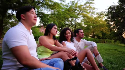 Diverse group of young adult friends sitting on a grassy hill, smiling and talking while enjoying a