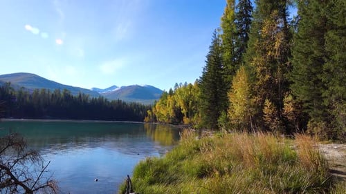 The tranquility of the lake and the mountains. The reflection of the blue sky.