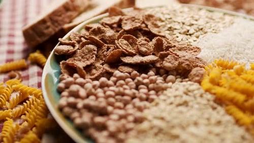 Assorted grains, carbs, and rice on a plate