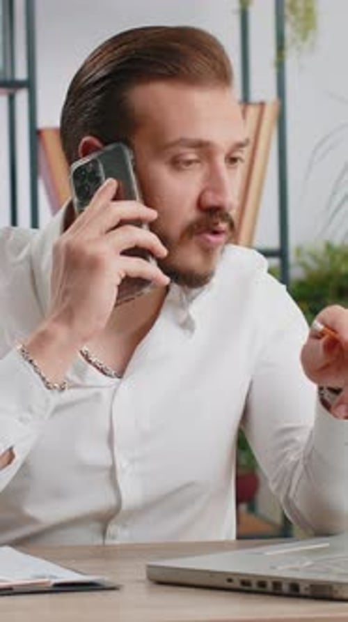 Angry Businessmanin Ceo Making Laptop Call Conversation at Home Office Quarrel Conflict Negotiation