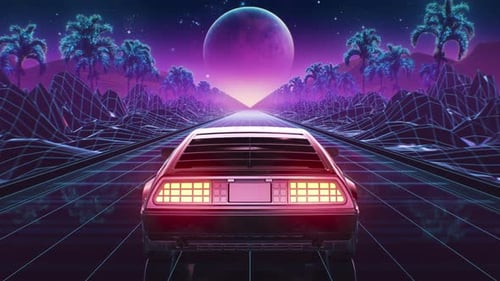 Loop Car and Background Neon Retro Wave 80s Style