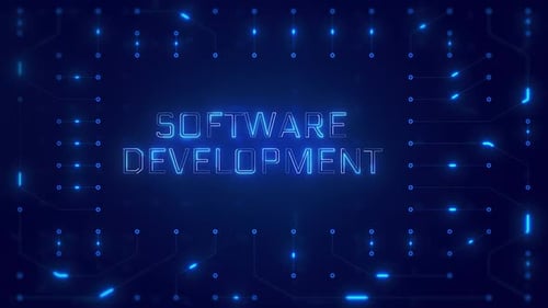 SOFTWARE DEVELOPMENT Word Text with neon circuit board design or computer semiconductor design