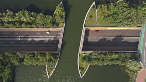 Harderwijk aqueduct over Veluwemeer, boat lake, highway traffic, Netherlands