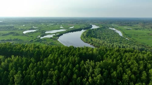 Aerial view of a scenic landscape with a river