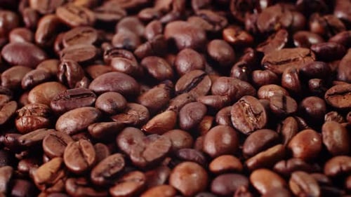 Close Up of Roasted Brown Coffee Beans Rotating Background Roasted Coffee Beans
