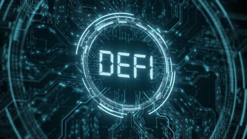 Finance décentralisée DeFi sur carte mère abstraite bleu foncé Concept de fond de la blockchain