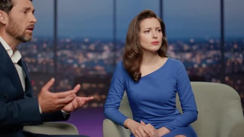 Woman Correspondent Listening Man in Tv Program Closeup Guest Complaining Show