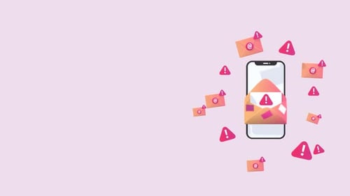 Alertas animados de aviso de smartphone destacando riscos de phishing com espaço de cópia.