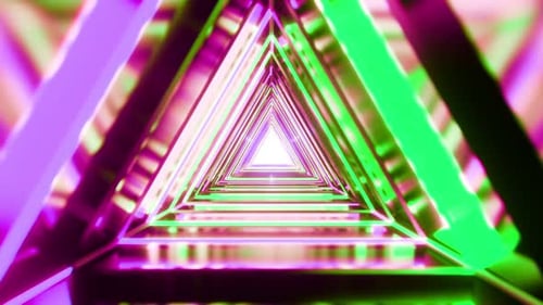 Abstract colorful futuristic background. Flying through glowing triangle tunnel