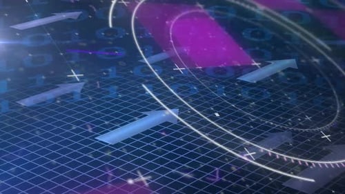 Animation of scope scanning, binary coding and blue arrows on grid background