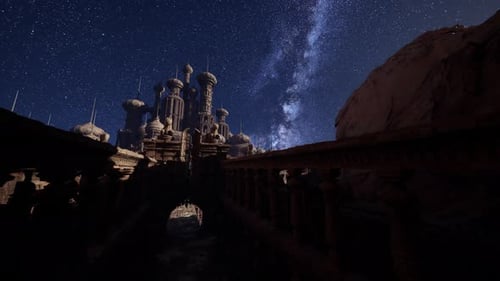 El cielo nocturno está lleno de estrellas sobre un castillo