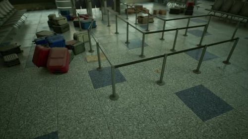 Abandoned Airport Terminal with Scattered Luggage and Empty Waiting Areas