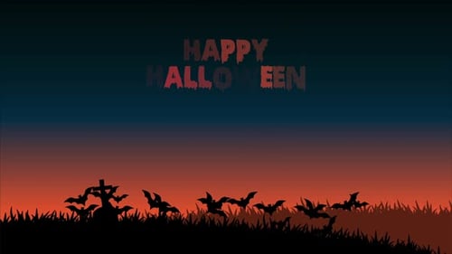 Happy Halloween Animated Text with Flying Bats and Graveyard