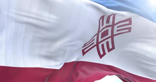 Waving Flag with Red Geometric Symbol Animation on Blue Sky