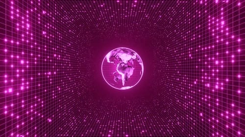 Rotating violet digital Earth inside tunnel of connected particles. Data network
