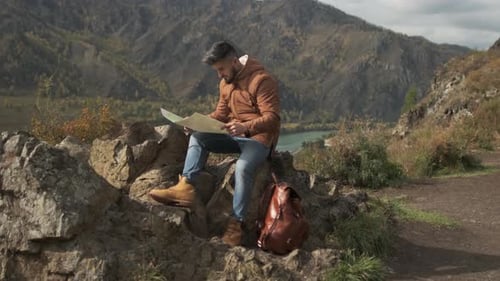 Hiker Tourist Traveler Man with Map Mountain Camping Camp Tent Traveling Hiking Landscape Nature