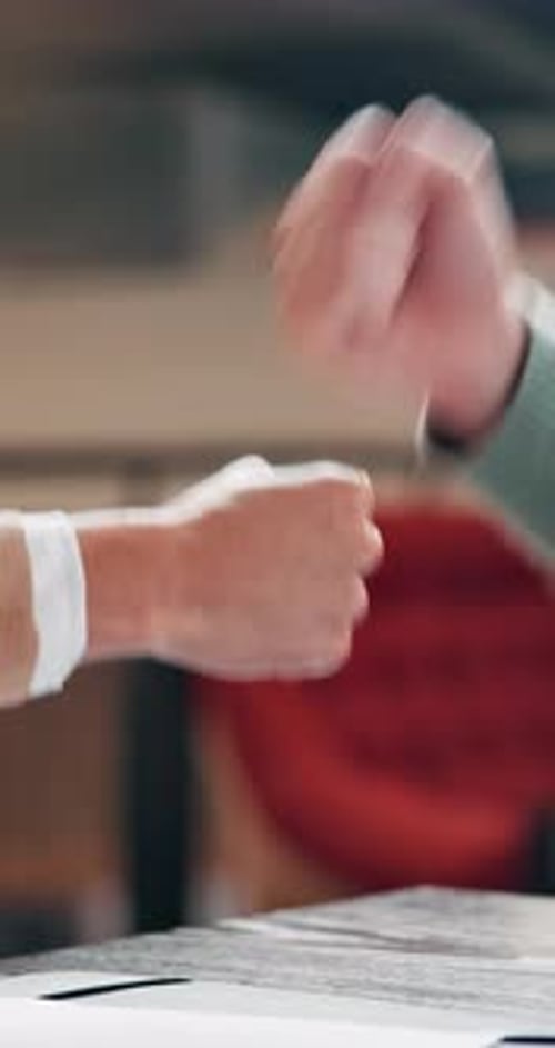 Greeting, fist bump and hands of people in office, welcome and friends in morning for collaboration