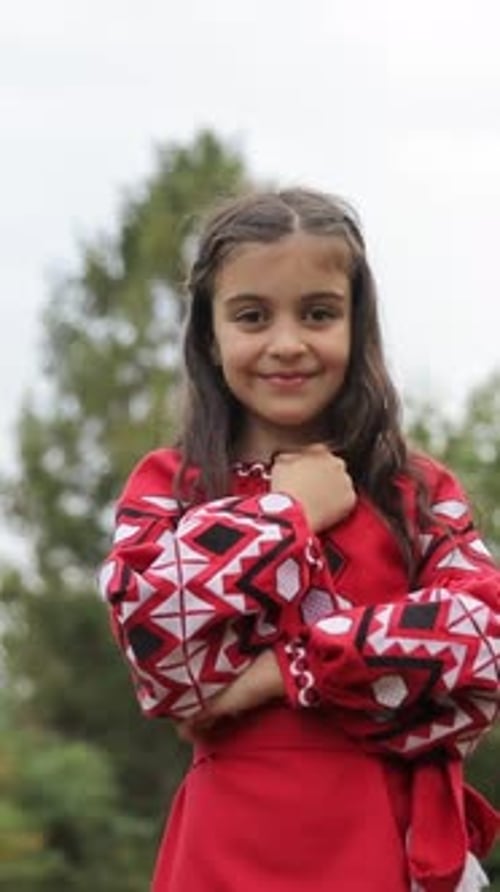 A Baby Girl in a Bright Red Dress Stands in the Park with Her Arms Crossed Under a Clear Blue Sky