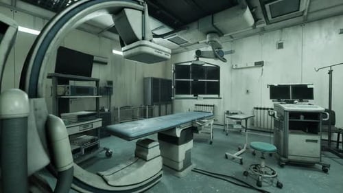 Abandoned Hospital Interior Showing Decayed Operating Room and Equipment