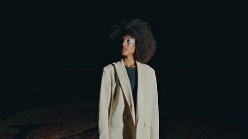 Vogue Girl Standing Beach in Dark Background Fashion Model Looking Distance