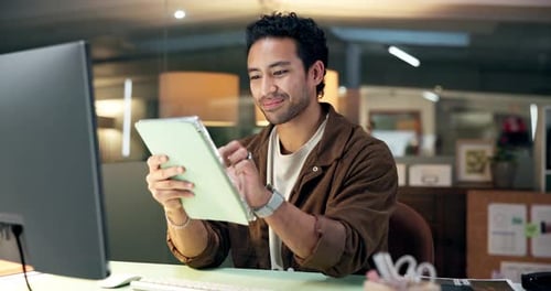 Tablet, computer and businessman in office for research on creative project with online blog