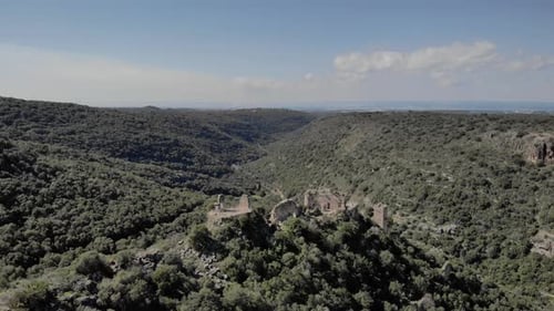Galilee Hills with ancient monfort fortress, Aerial