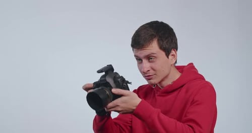 Happy Guy Photographer Professional Shoots Model in Studio Behind the Scenes