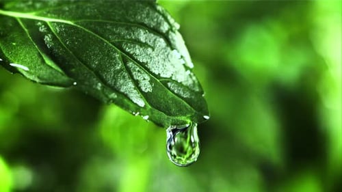 Drop of Water Falls From a Green Mint Leaf