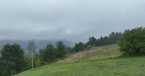 Misty Mountains and Rolling Green Hills Landscape