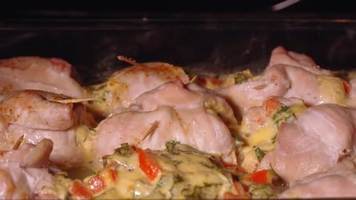 Close Up of Raw Chicken Pieces in Creamy Sauce