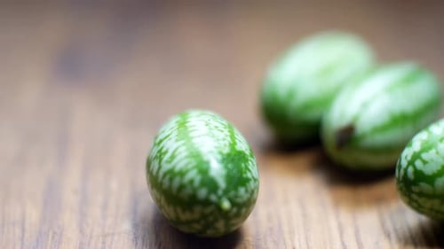 Petit cucamelon mexicain vert frais, cueilli sur une surface de cuisine en bois Dolly Right Selective Focus