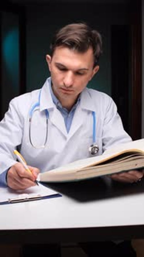 Concentrated Doctor Reads Book and Takes Notes