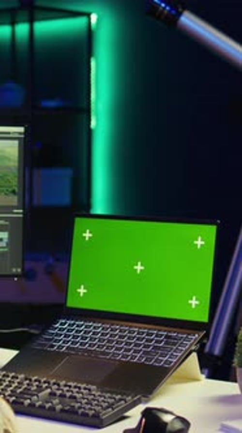 Green Screen Laptop Typing in a Dark Office