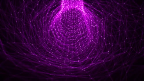 Looped animation of abstract pink purple tunnel made of hi-tech plexus of lines and dots
