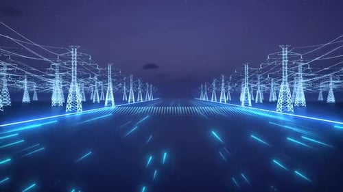 Futuristic Digital Grid with Power Lines and Data Flow