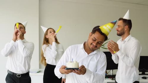 Business Team Celebrating a Birthday of Indian Worker in the Modern Office
