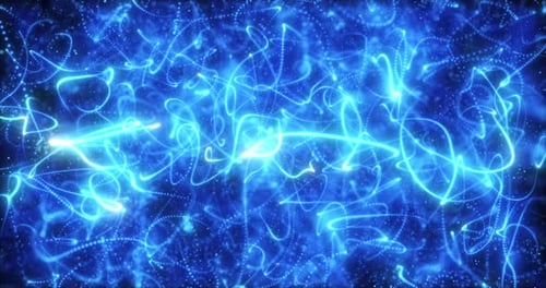 Brilhante, ondulado, voando, brilhante, azul néon, lindas linhas, listras e partículas, cientista futurista de alta tecnologia