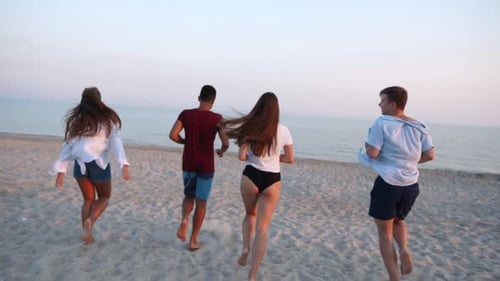 Group of Happy Friends Undress Running Into the Sea Water and Throw Shirts on the Beach Cheerful