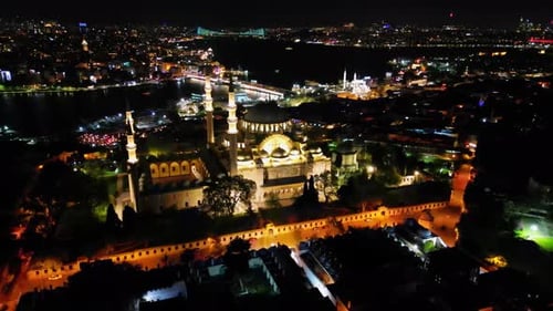 Aerial Night View of Suleymaniye Mosque and Golden Horn in Istanbul