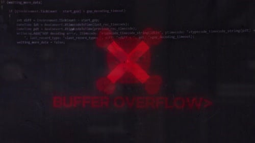 Pufferüberlauf auf Hacker VH Skull Pirates und Cyberattack-Symbol mit Glitch