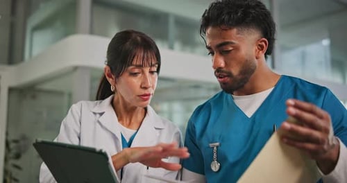 Doctor, tablet or surgeon with document in hospital, discussion or patient results for consultation