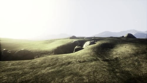 Peaceful Countryside Under Hazy Sky with Subtle Lighting Effects
