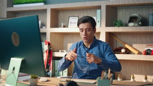 Emotional Businessman Yelling Computer Videocall Office Nervous Man Gesturing