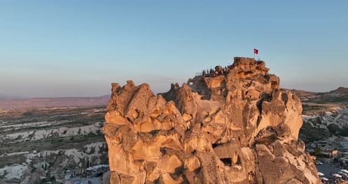 Aerial View of Natural Rock Formations in the Sunset Valley with Cave Houses in Cappadocia Turkey