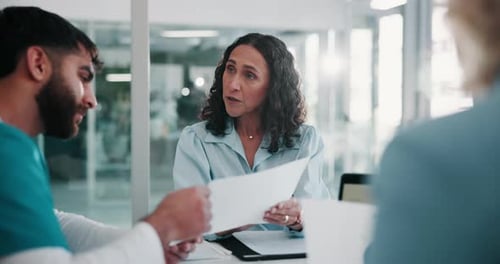 Documents, medical and team of people in boardroom of hospital for meeting, planning or research