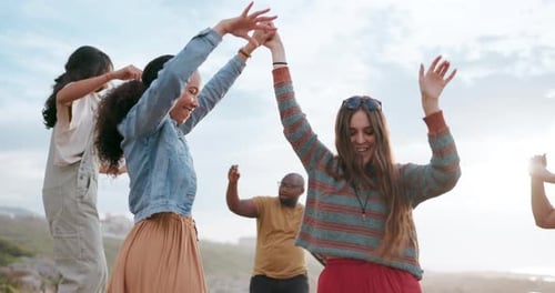 Group, dance or friends at beach for celebration, fun or holiday vacation in summer together