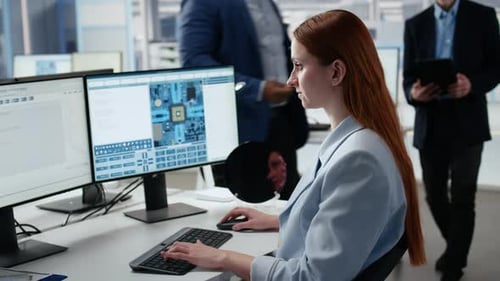 Senior Manager and Woman Examine Microchip Circuit Layouts in Factory RD Office