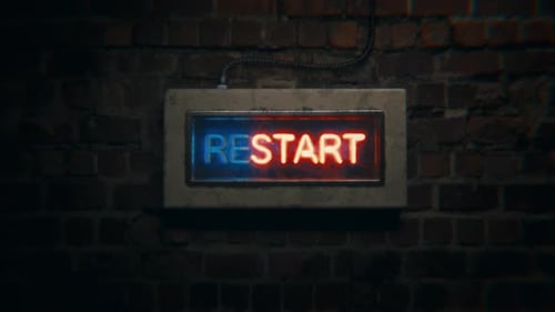 Neon Restart Sign Flickering to Start Brick Wall Dolly Push In