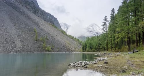 Mountain Lake Timelapse at the Summer or Autumn Time Wild Nature and Rural Mount Valley Green Forest