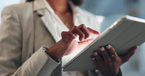 Tablet, night and hands of business person typing, scroll or check social network feedback